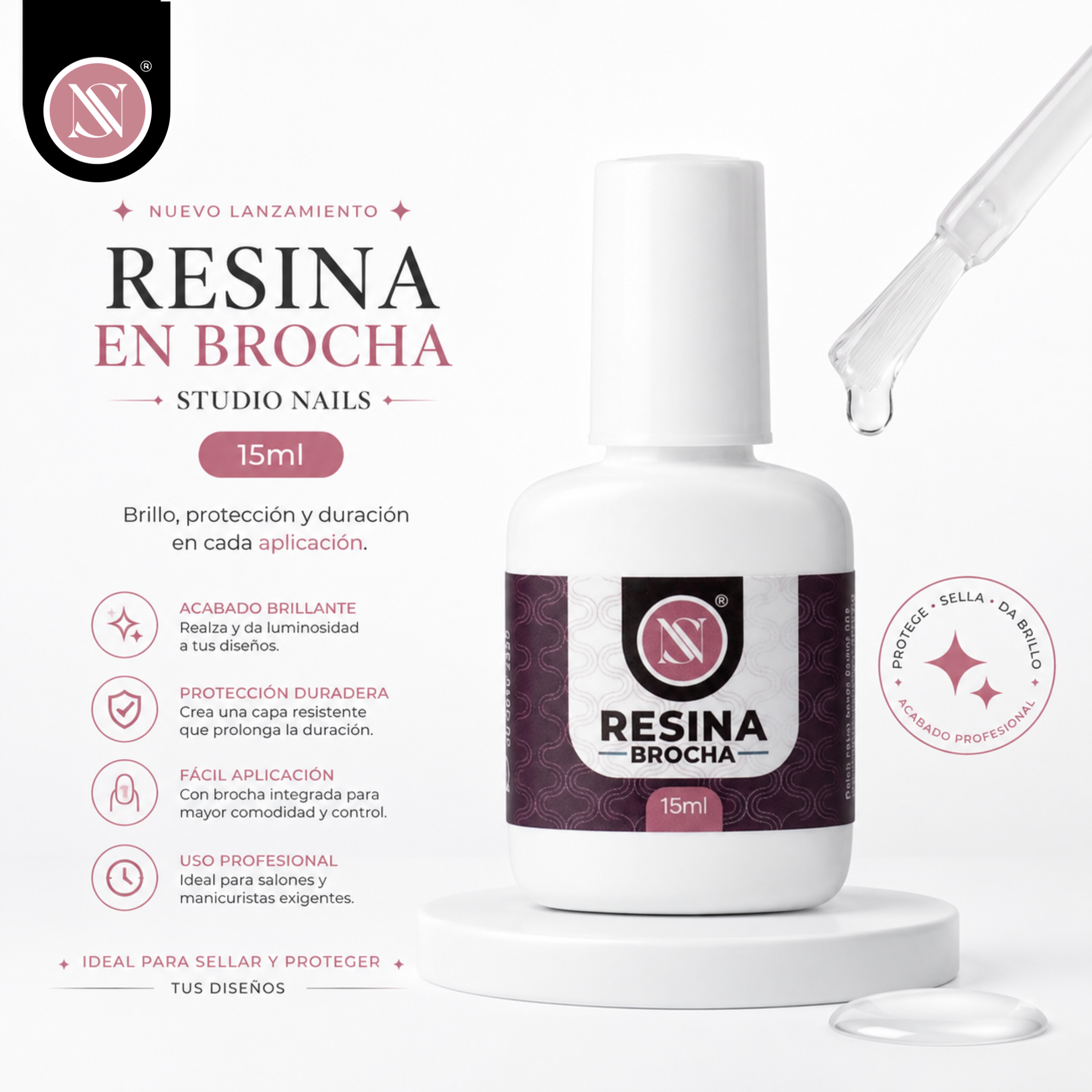 2 Resina Brocha Studio Nails 15 ml – Extra Adherente - Imagen 2